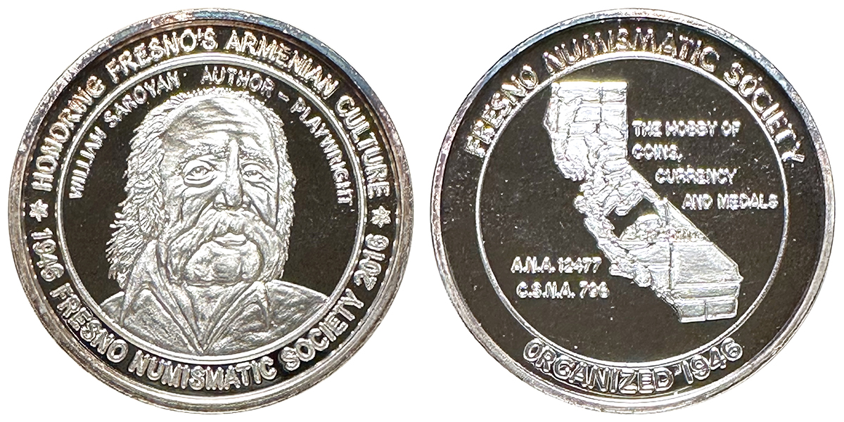 2016 William Saroyan, Fresno Numismatic Society Commemorative Silver Medal 