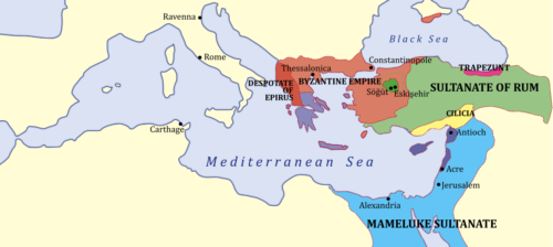 Map of Eastern Mediterranean region — with Near East and southeastern Balkans, c. 1263.