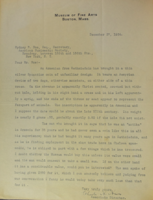 Letter from the Museum of Fine Arts, Boston, dated December 27, 1924.