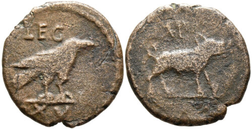 Denomination E. 13-17.7mm, 1.34-2.95g
Obv.: raven standing right, LEG above, XV in
exergue, below ground line.
Rev.: boar standing right, AP above.
Specimens: 16 known.
RPC IV.3, 25043 (temporary)