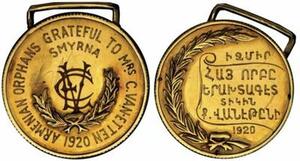 Gold 1920 Smyrna Armenian Orphans Tribute Medal to Mrs. C. Van Etten