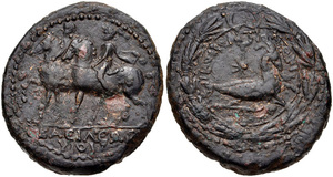 Antiochus IV &amp; Iotape - Early Series: 38-40 and 41-54 AD or later - AE 4 chalkoi - Horses riding / Capricorn