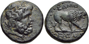 Civic coin of Samosata - Third series - AE 4 chalkoi - Zeus / Lion